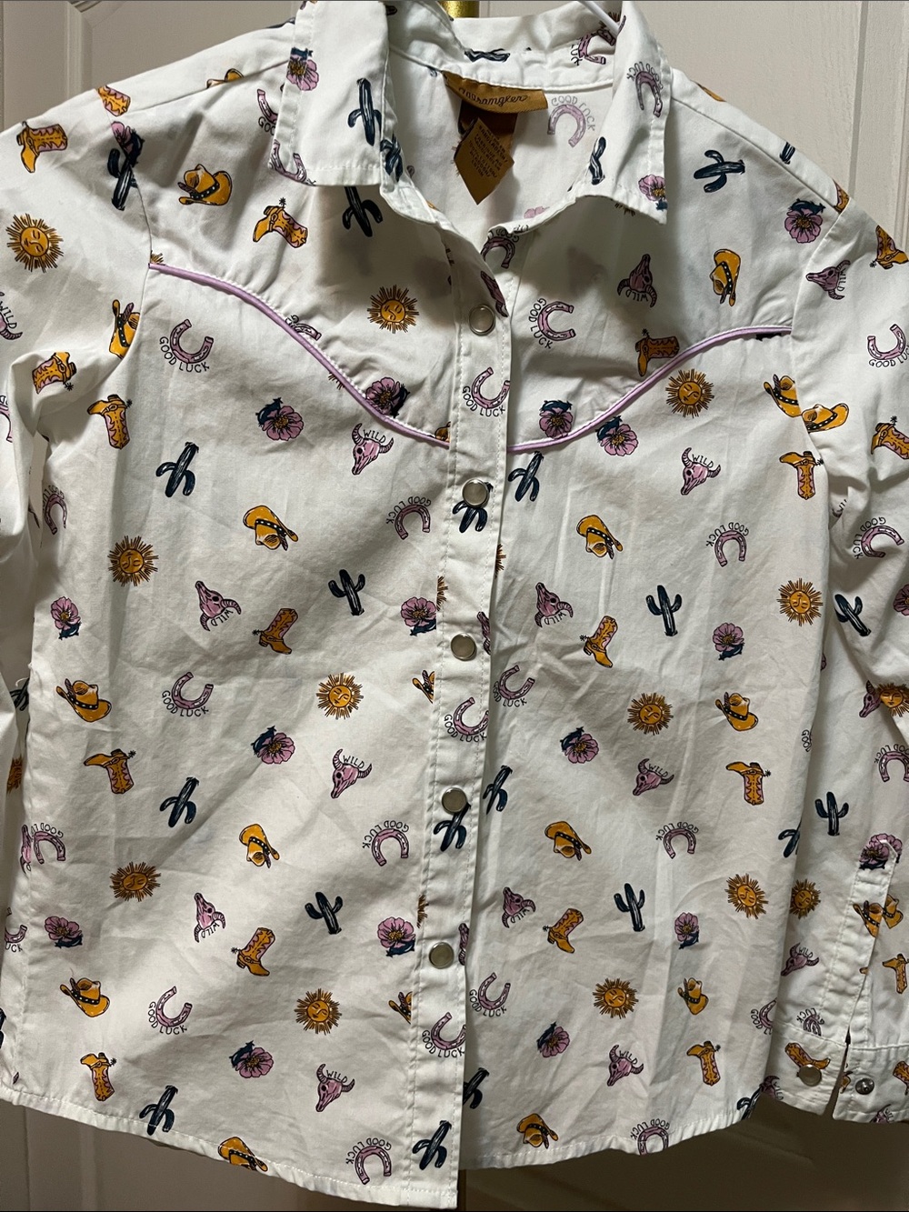 Kids White Western Print Snap Up Shirt Sz Med